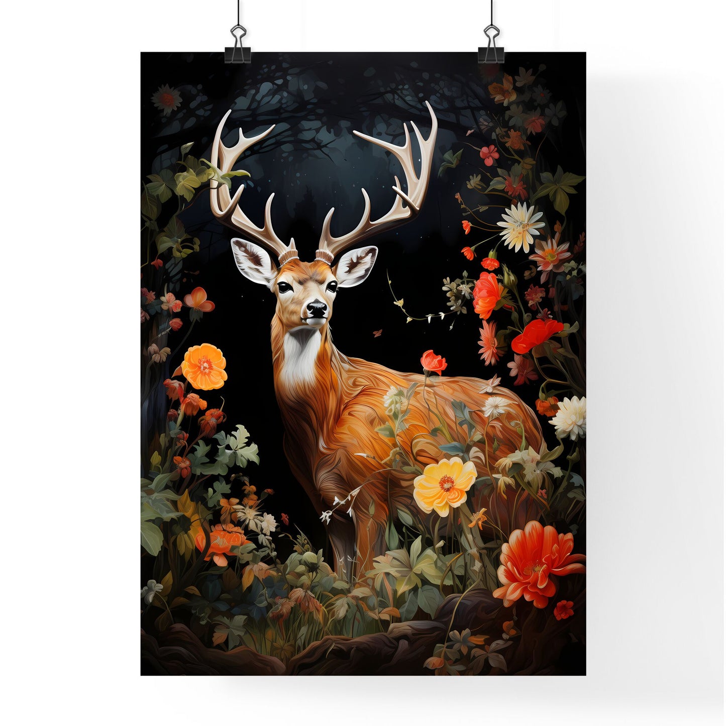 A Poster of the deer is standing by a tree - A Deer In A Forest With Flowers Default Title
