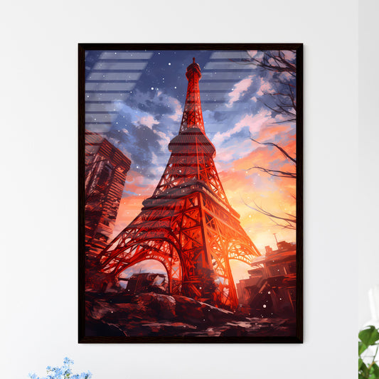 A Poster of A painting of the Tokyo Tower - A Red Tower With Buildings In The Background With Tokyo Tower In The Background Default Title