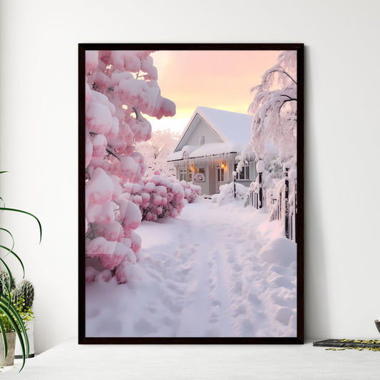 A Poster of beautiful snow scene - A House With Snow On Trees And A Fence Default Title