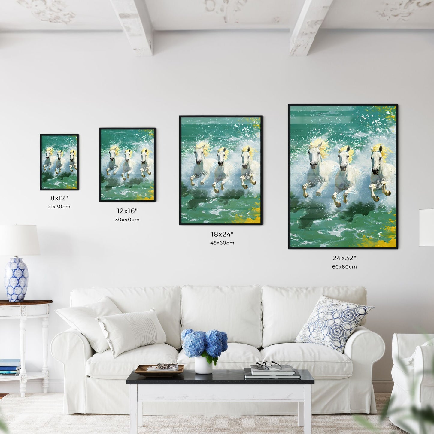 A Poster of showcase the beauty and spirit of horses - A Group Of White Horses Running Through Water Default Title