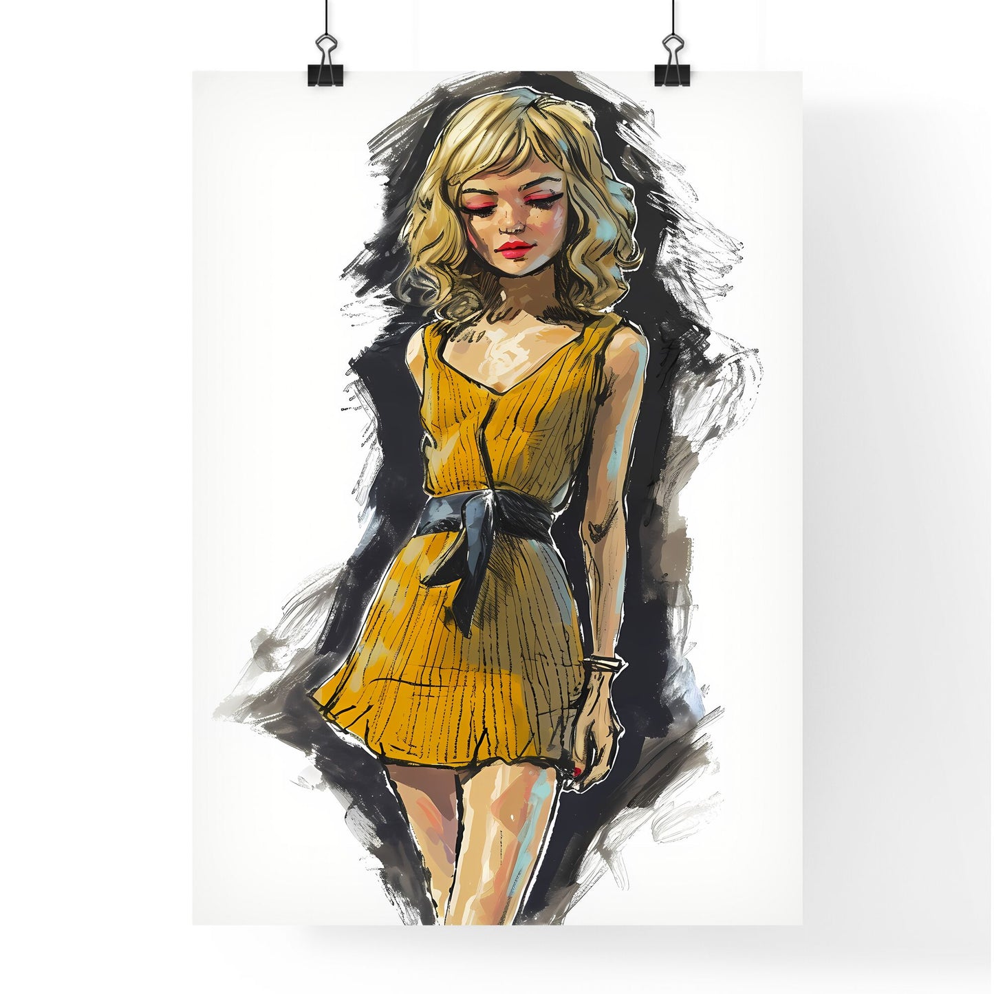 A Poster of cartoon illustration of a beautiful woman - A Woman In A Yellow Dress Default Title
