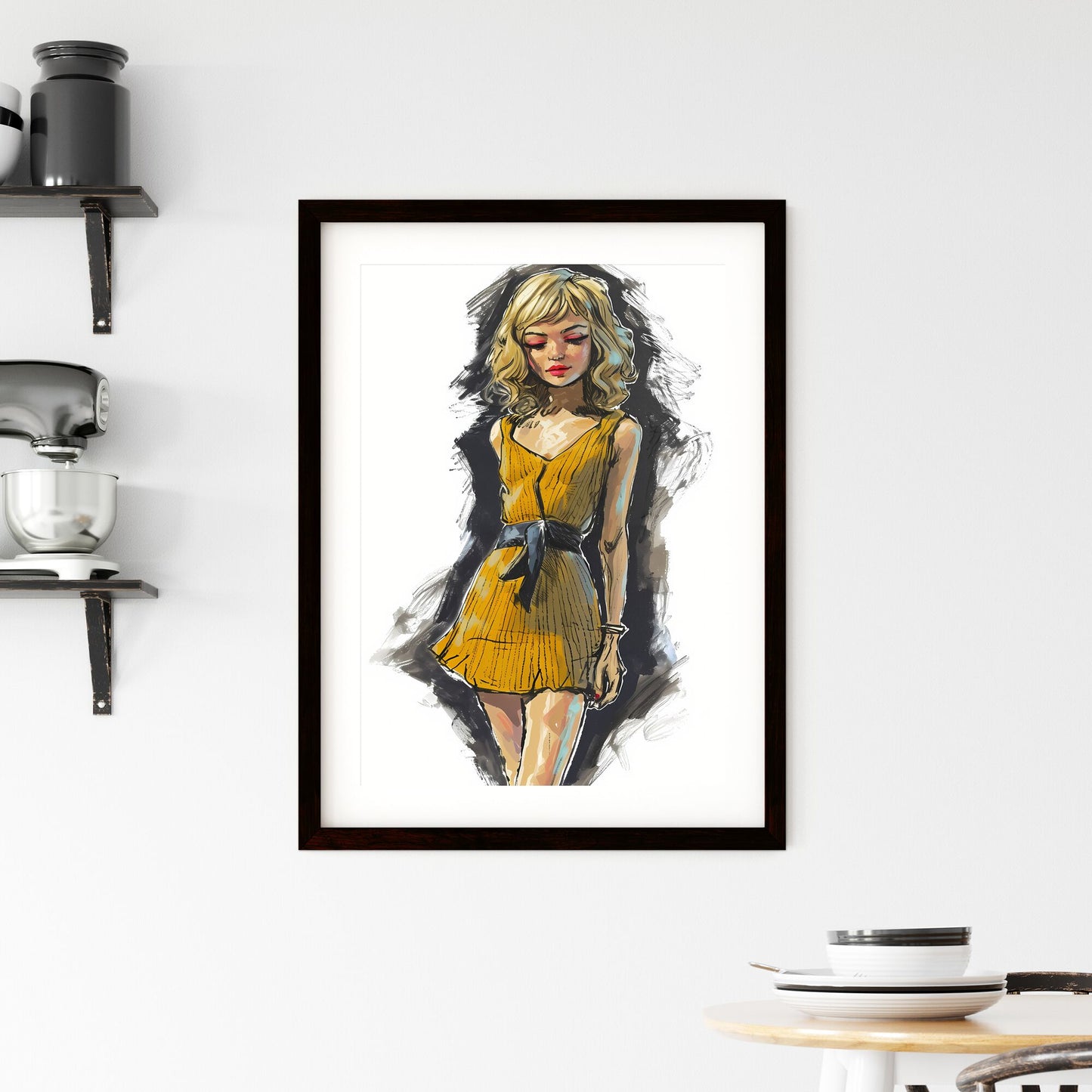 A Poster of cartoon illustration of a beautiful woman - A Woman In A Yellow Dress Default Title