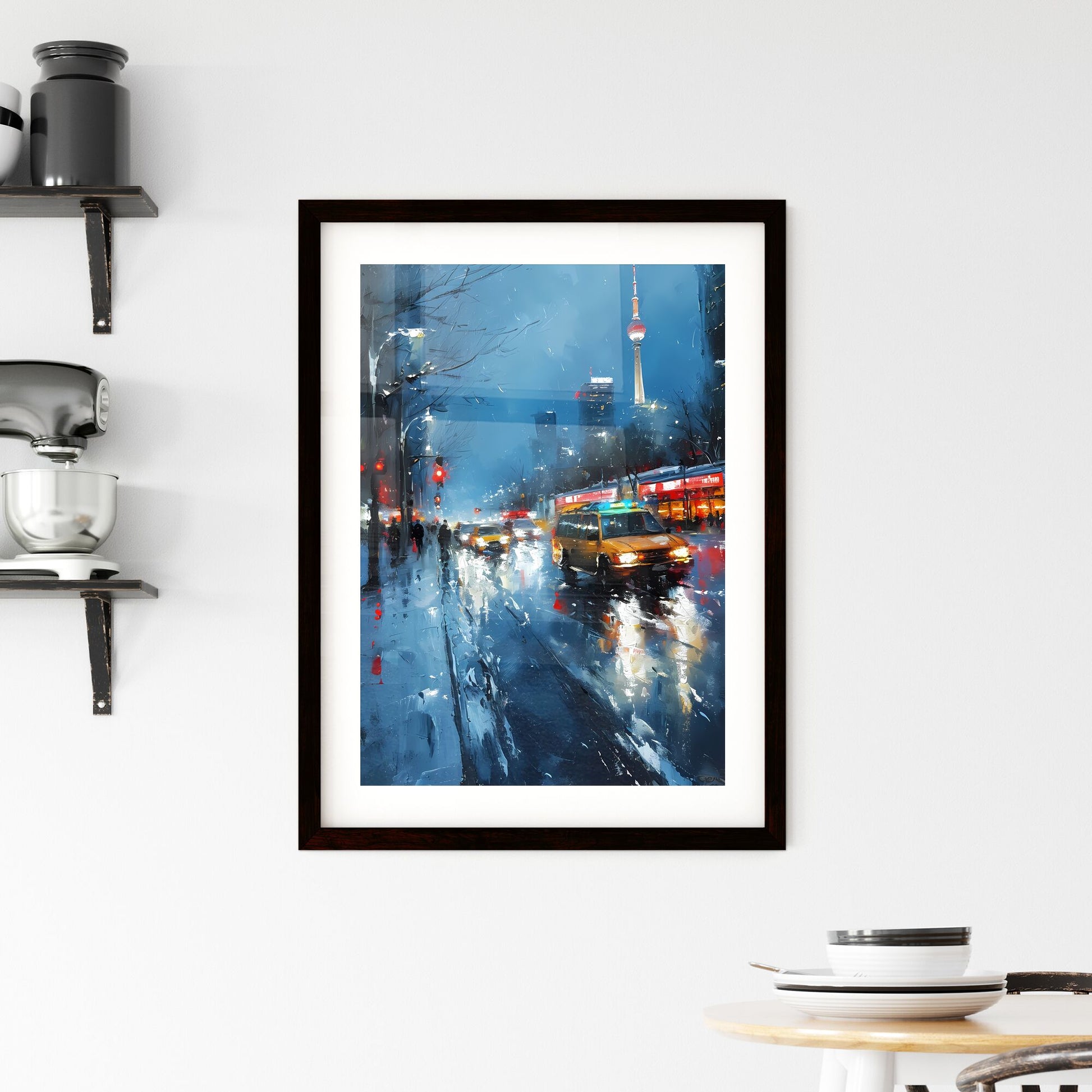 A Poster of Berlin Germany Skyline - A Yellow Taxi Driving Down A Wet Street Default Title