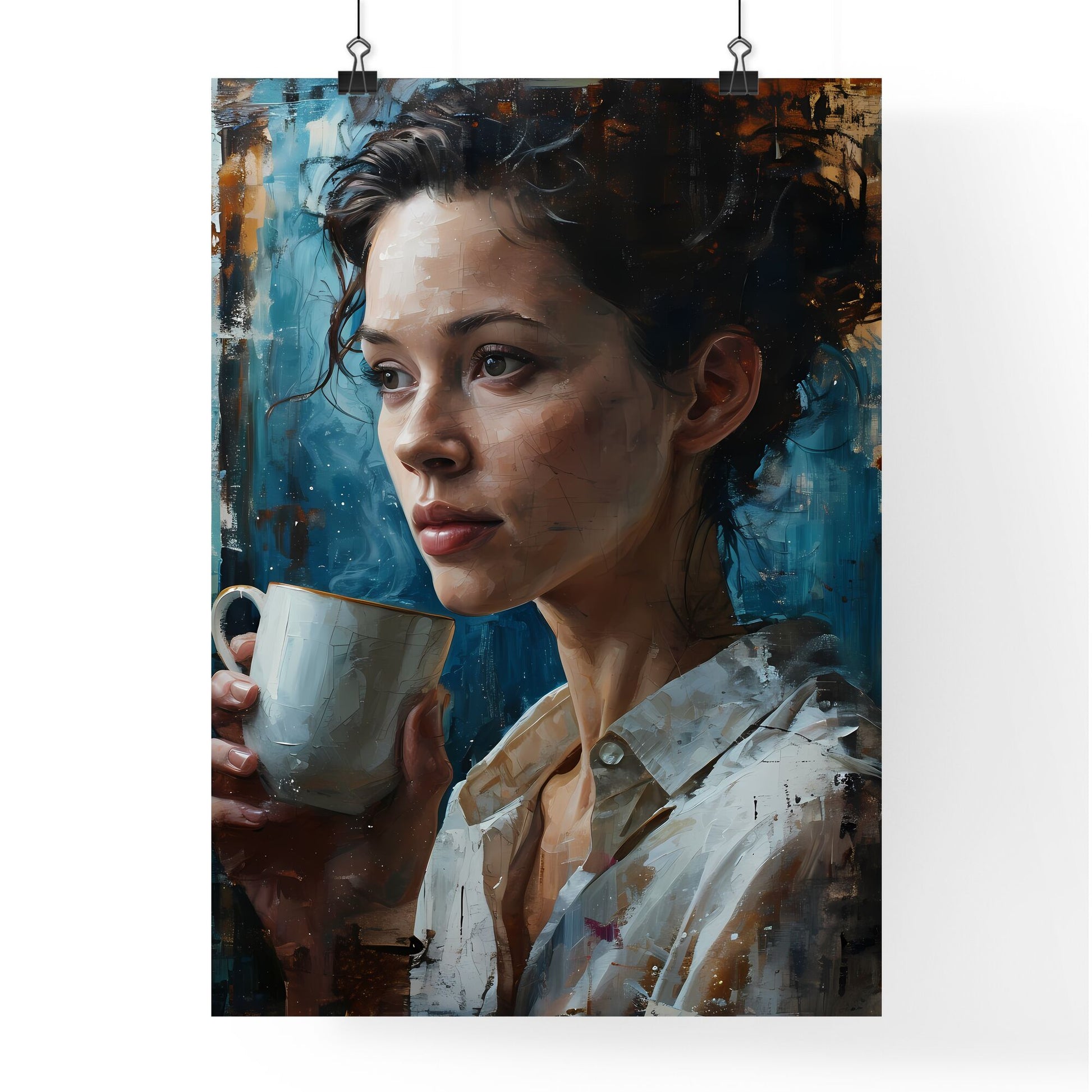 A Poster of A beautiful woman is drinking coffee - A Woman Holding A Cup Default Title