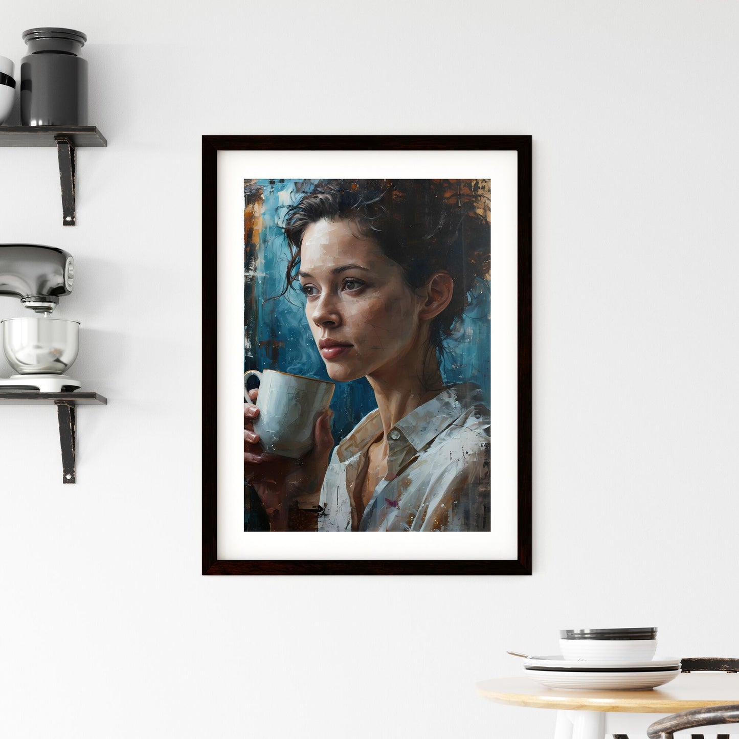 A Poster of A beautiful woman is drinking coffee - A Woman Holding A Cup Default Title