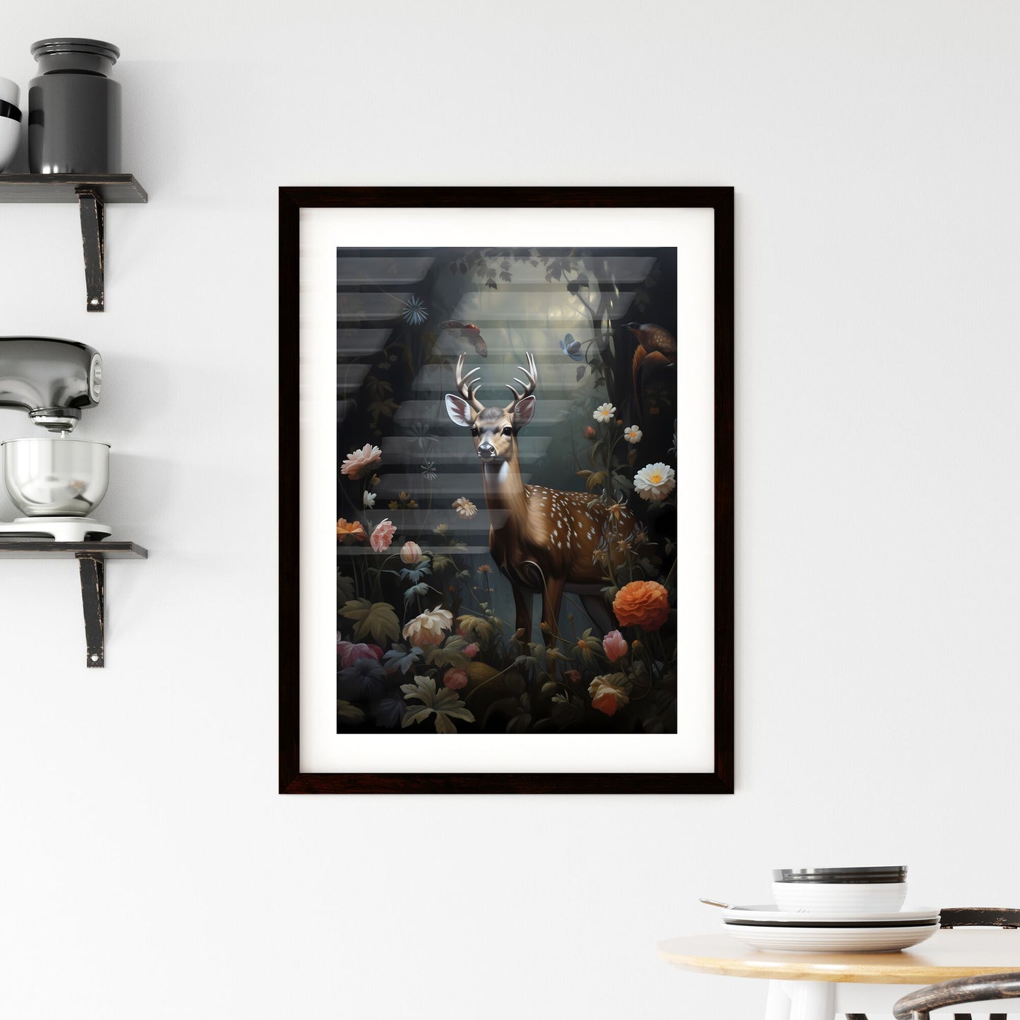 A Poster of a painting of a deer standing in the forest - A Deer In A Forest Default Title