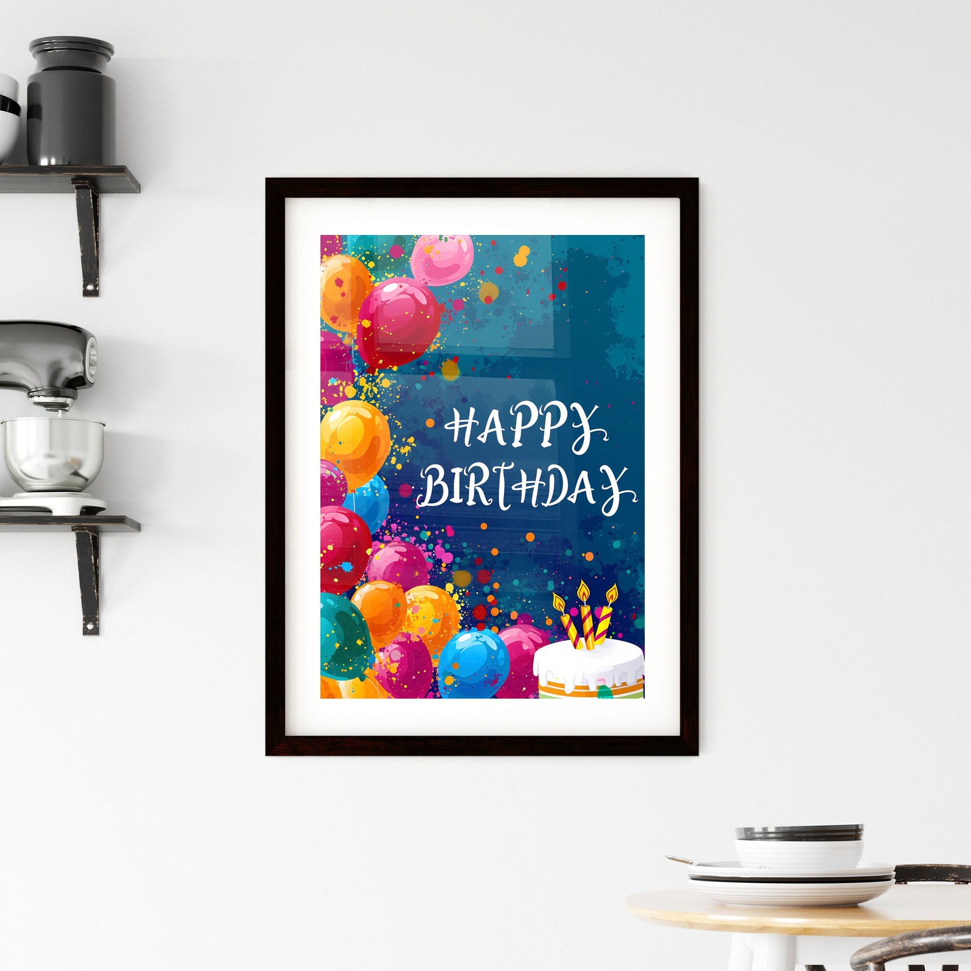 A Poster of happy birthday splatter picture - A Birthday Card With Balloons And A Cake Default Title