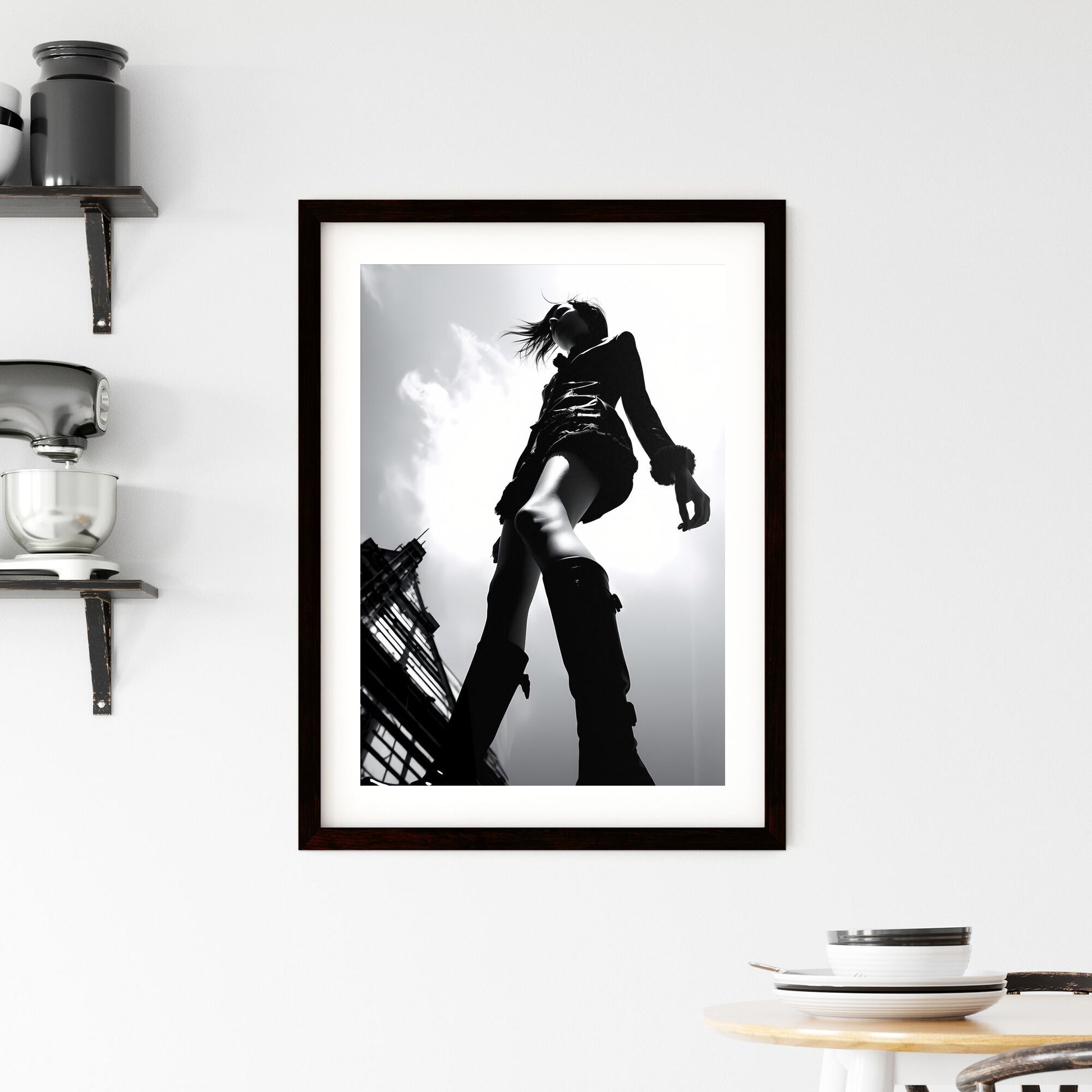 A Poster of girl model shooting low angle shot - A Woman Walking In A Short Skirt And Boots Default Title