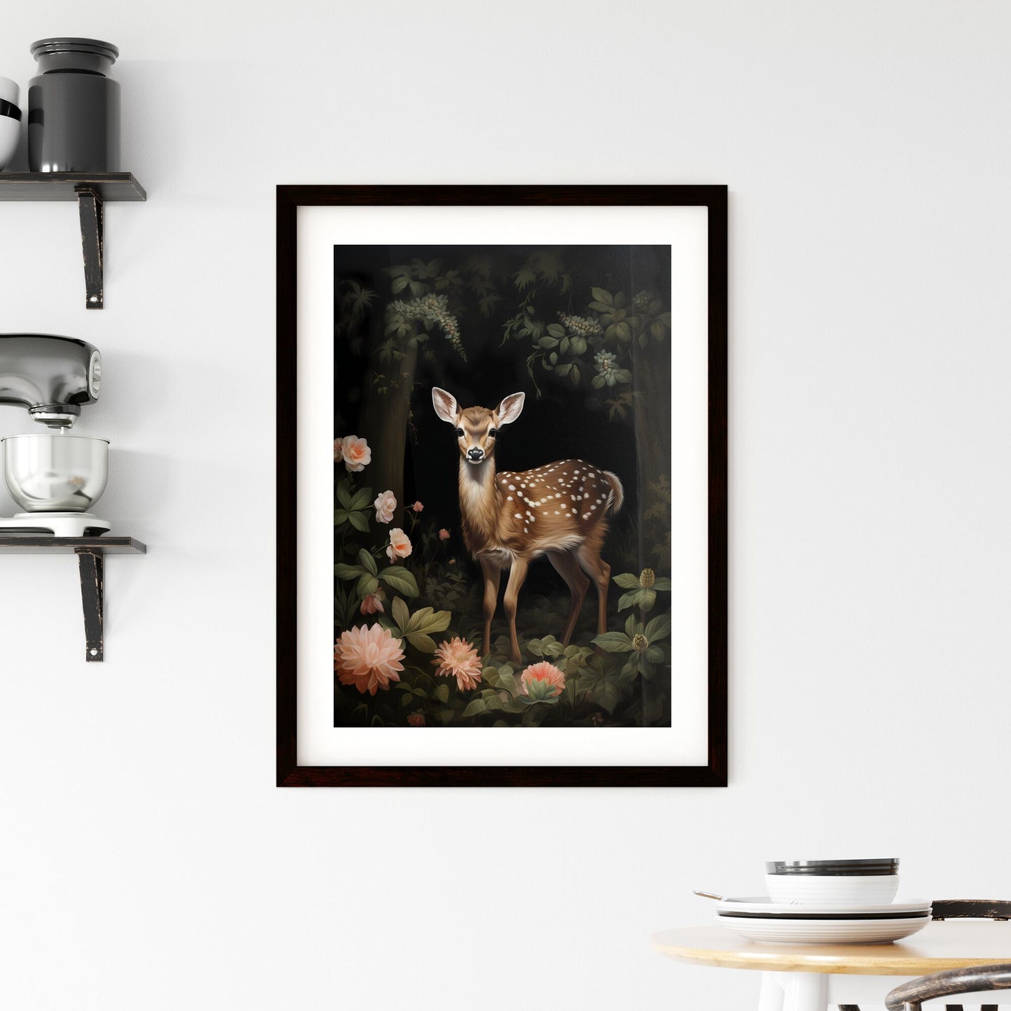 A Poster of a painting of a deer standing in the forest - A Deer In The Woods Default Title