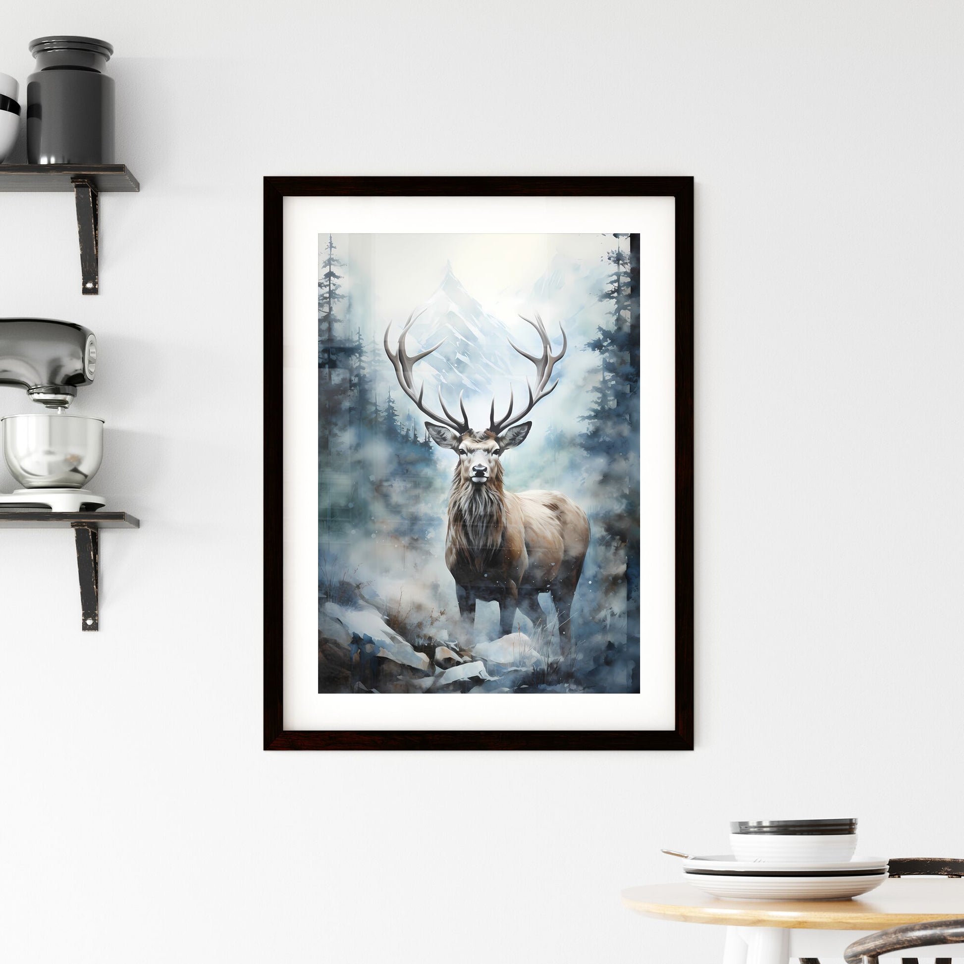 A Poster of elk in the fog print - A Deer With Antlers Standing In A Forest Default Title