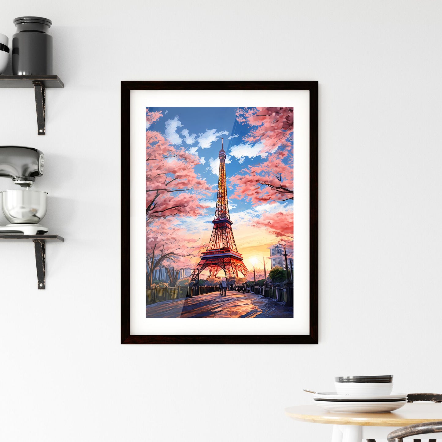 A Poster of A painting of the Tokyo Tower - A Tower With Pink Trees And People Walking In The Background Default Title