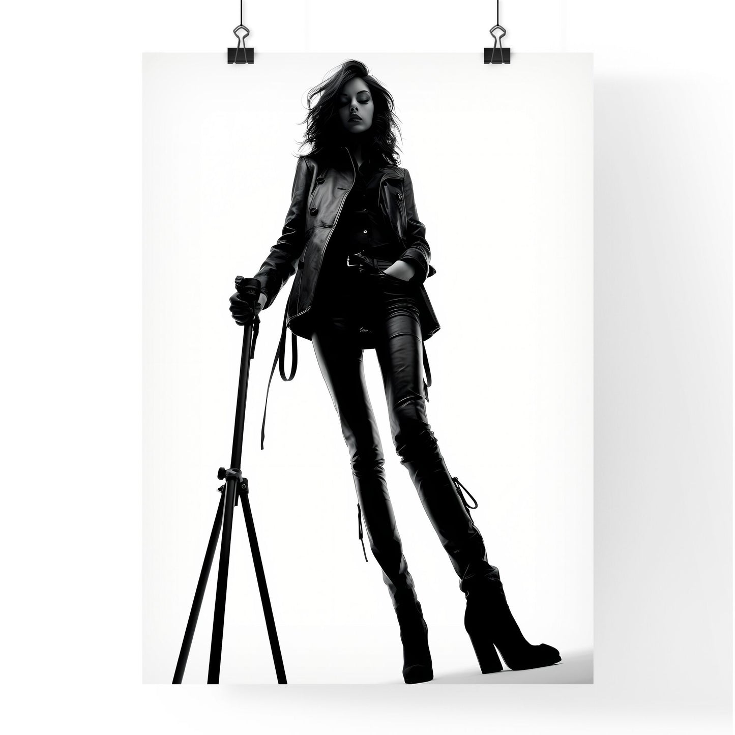 A Poster of girl model shooting low angle shot - A Woman In Leather Clothes And A Black Hat Default Title