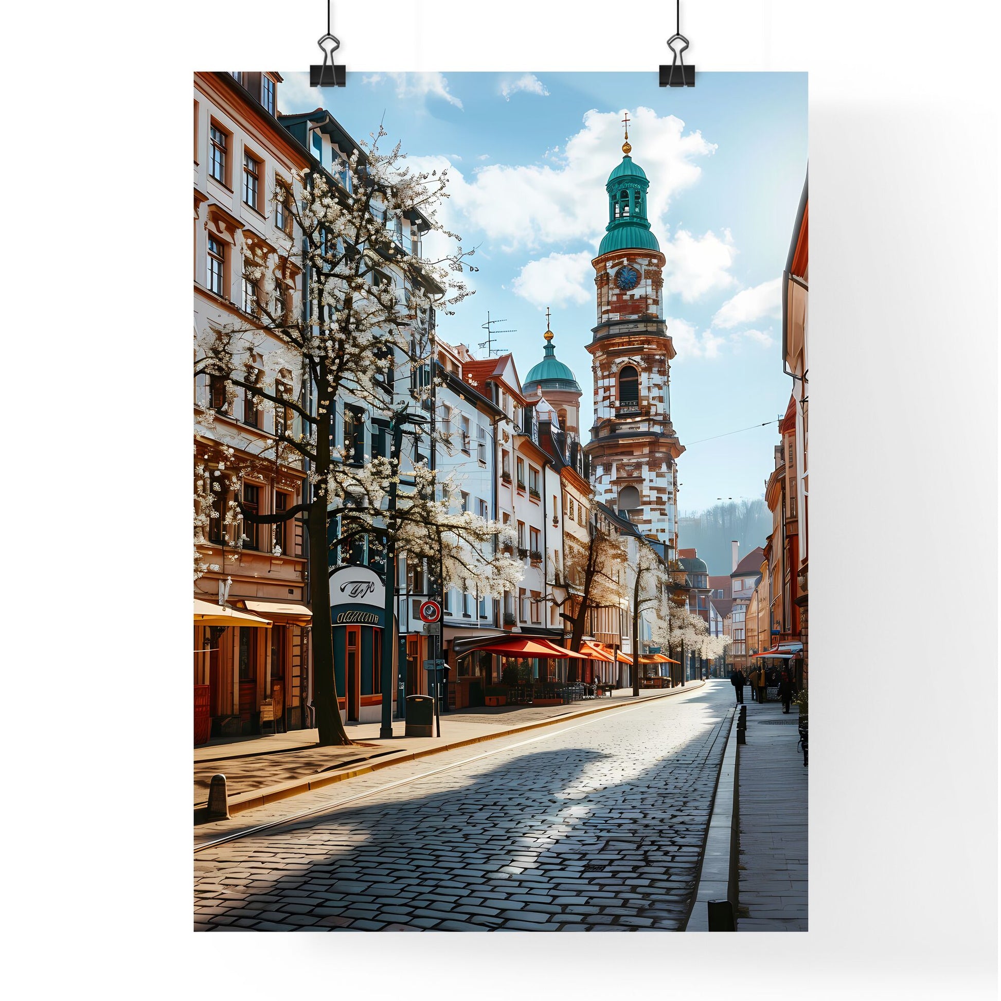 A Poster of Darmstadt Hesse germany Skyline - A Street With Buildings And A Clock Tower Default Title