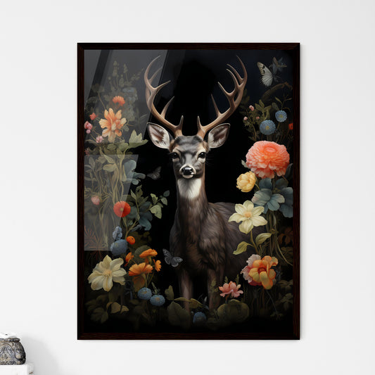 A Poster of a painting of a deer standing in the forest - A Deer With Antlers Surrounded By Flowers Default Title
