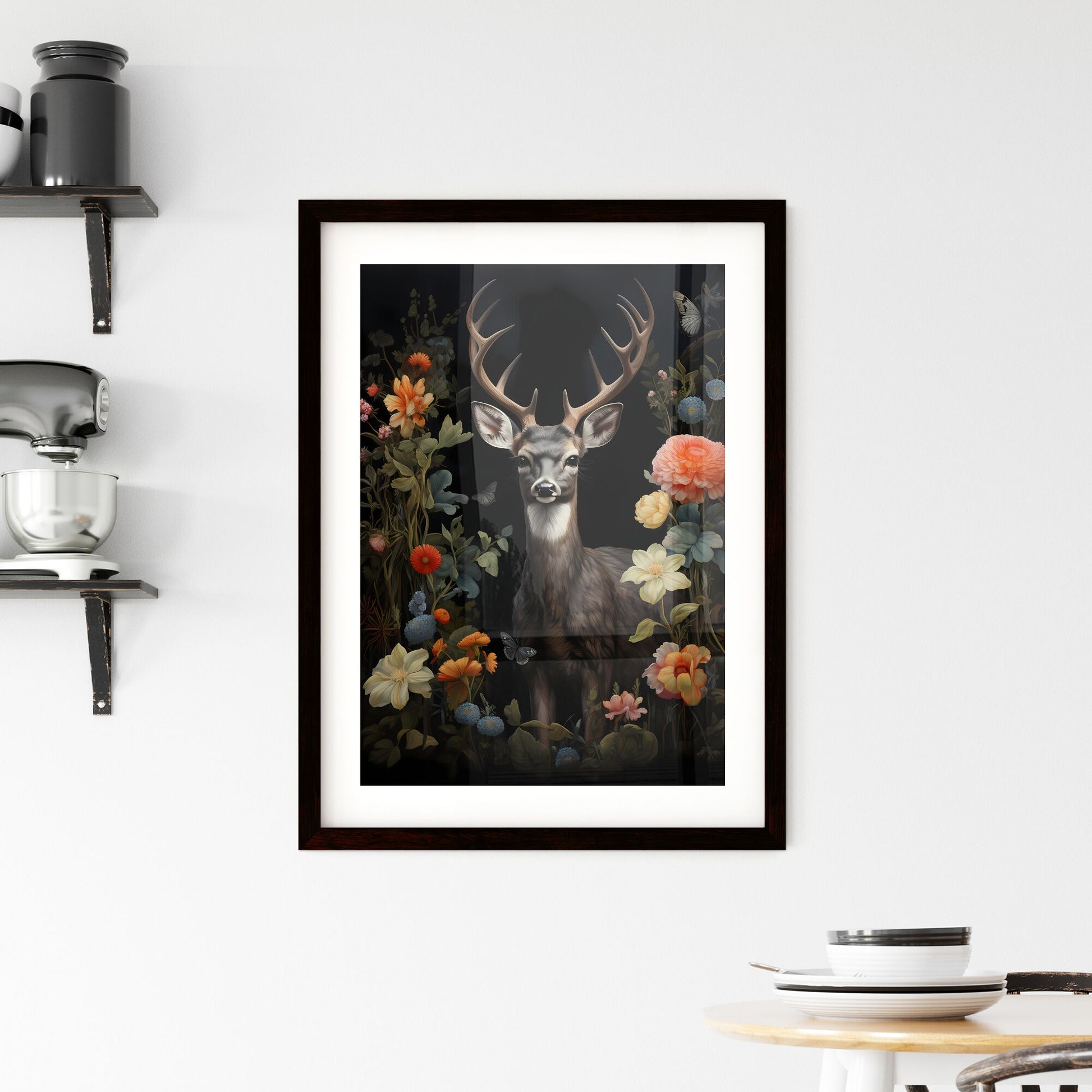 A Poster of a painting of a deer standing in the forest - A Deer With Antlers Surrounded By Flowers Default Title