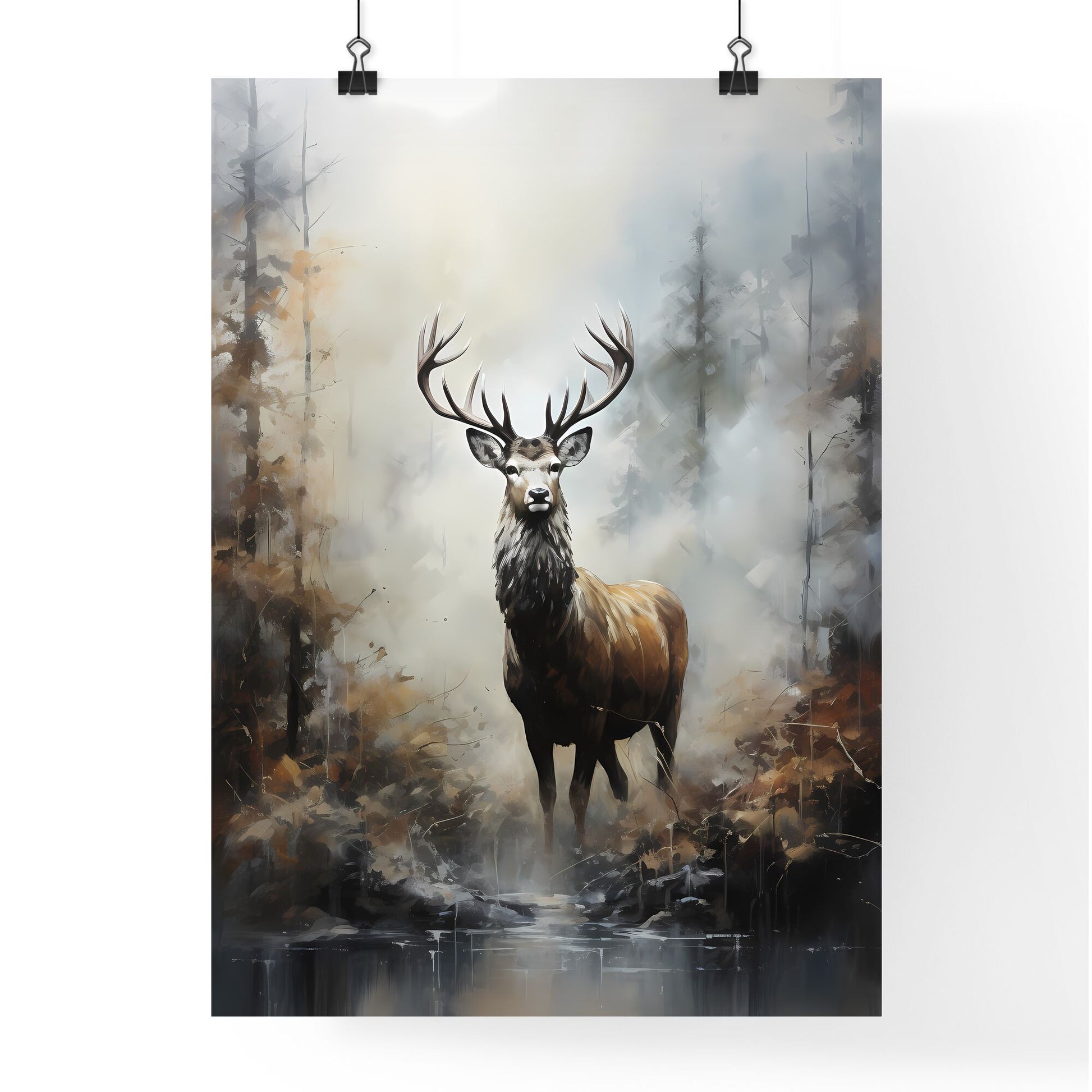 A Poster of elk in the fog print - A Deer In The Woods Default Title