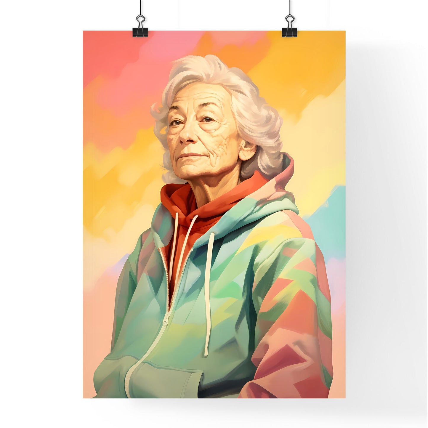 A Poster of Woman in her 70s wearing a stylish hoodie - A Woman In A Colorful Jacket Default Title