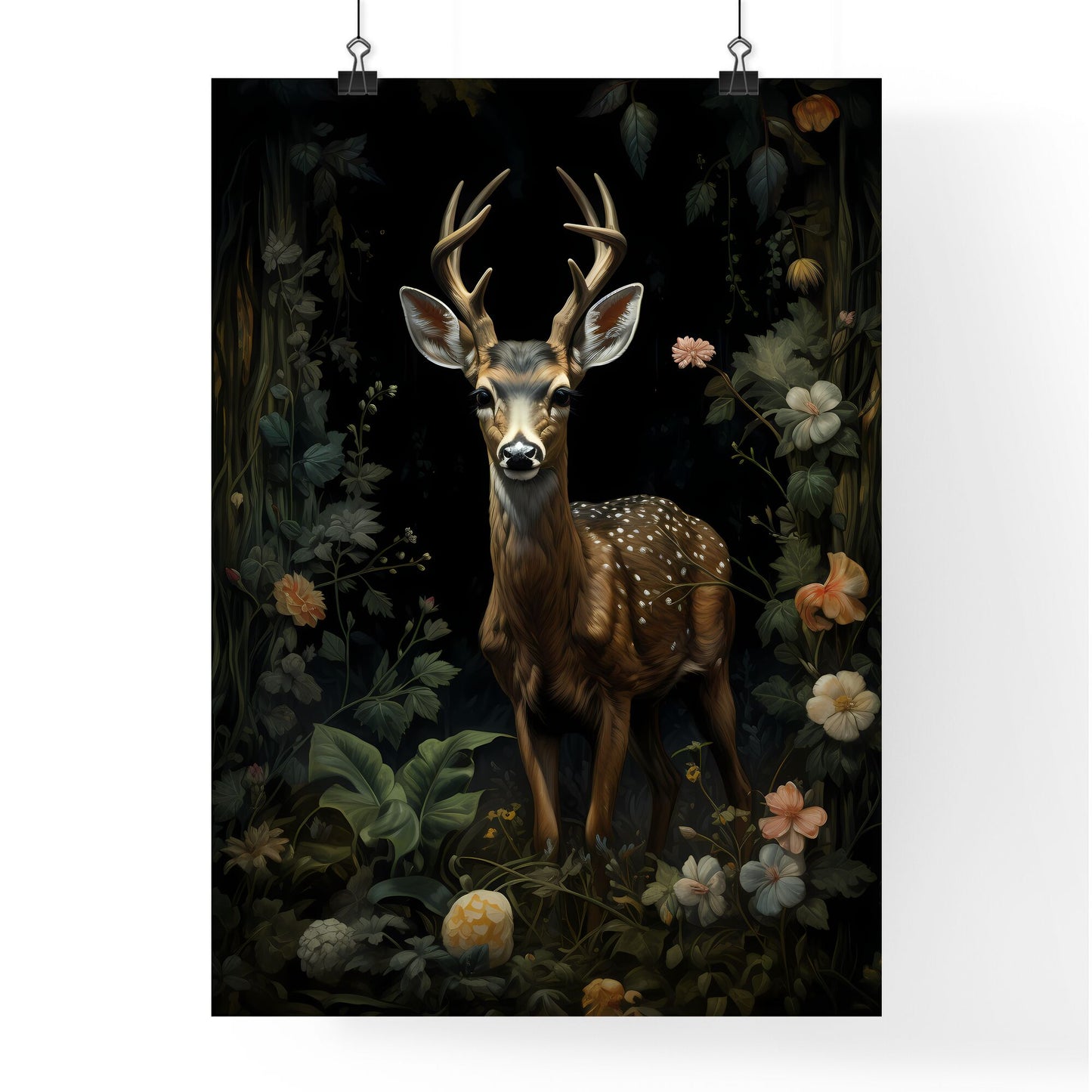 A Poster of a painting of a deer standing in the forest - A Deer In A Forest Default Title