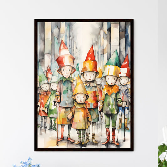 A Poster of whimsical colorful illustration of Christmas Elfs - A Group Of People Wearing Hats Default Title