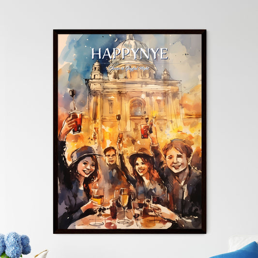 A Poster of happy people celebrating new years eve - A Group Of People Holding Drinks In Front Of A Building Default Title