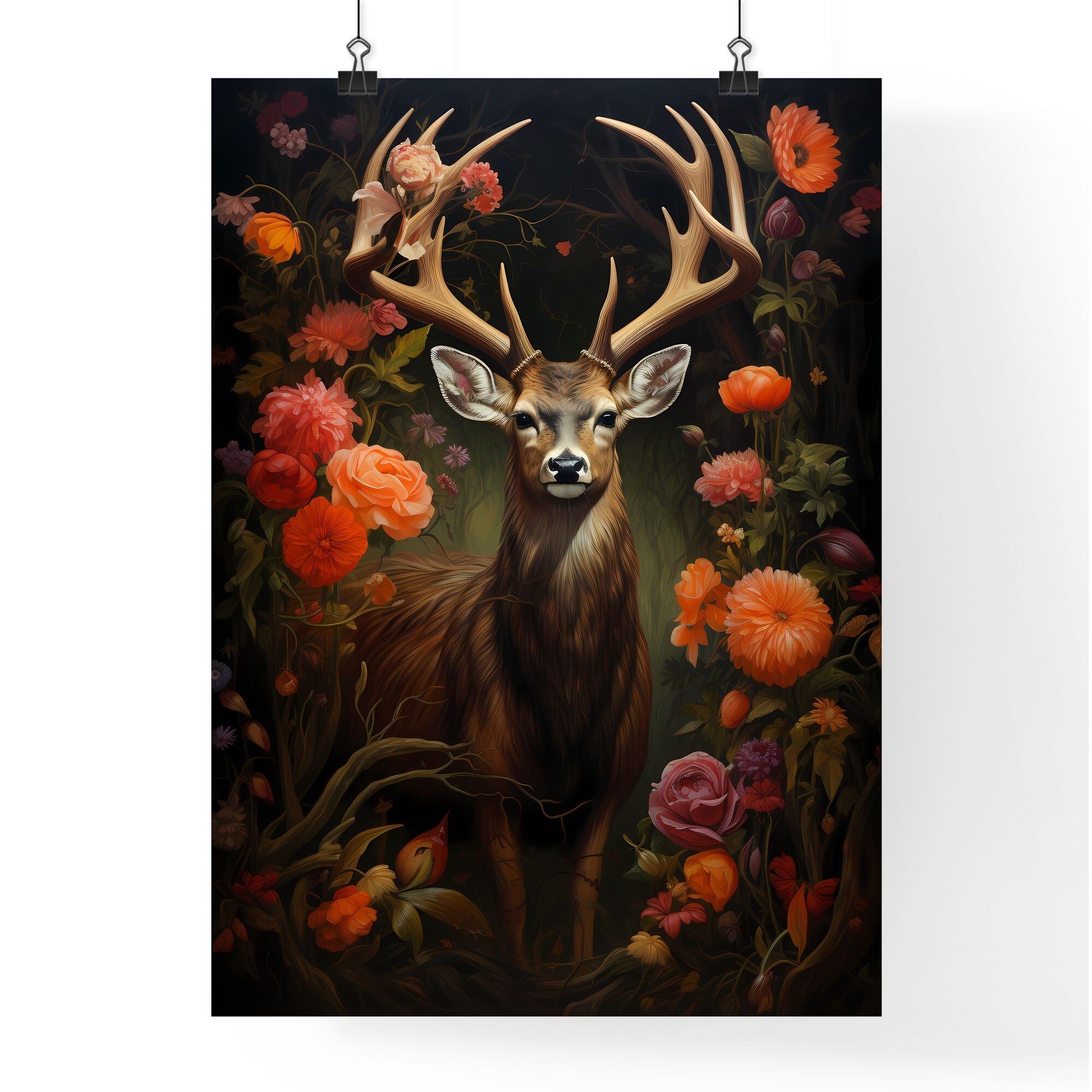 A Poster of the deer is standing by a tree - A Deer In A Garden Of Flowers Default Title