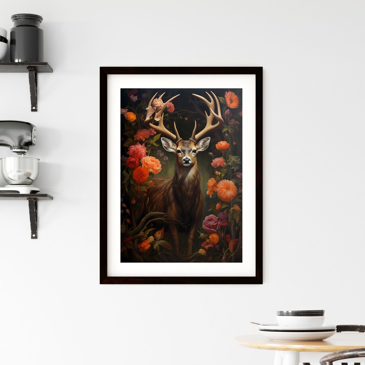 A Poster of the deer is standing by a tree - A Deer In A Garden Of Flowers Default Title