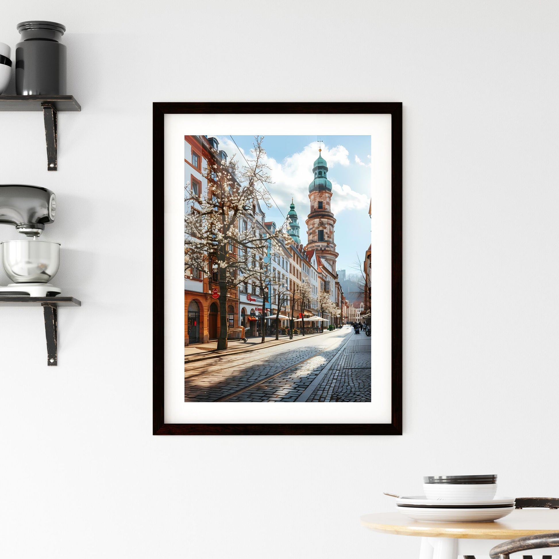A Poster of Darmstadt Hesse germany Skyline - A Street With Buildings And A Tower Default Title