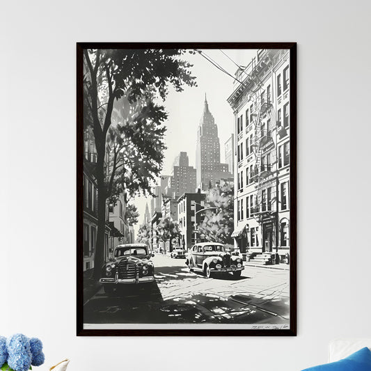 A Poster of art deco minimalism - A Black And White Picture Of A Street With Cars And Buildings Default Title
