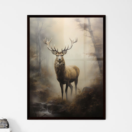 A Poster of an elk is standing on a fog - A Deer With Antlers Standing In A Forest Default Title