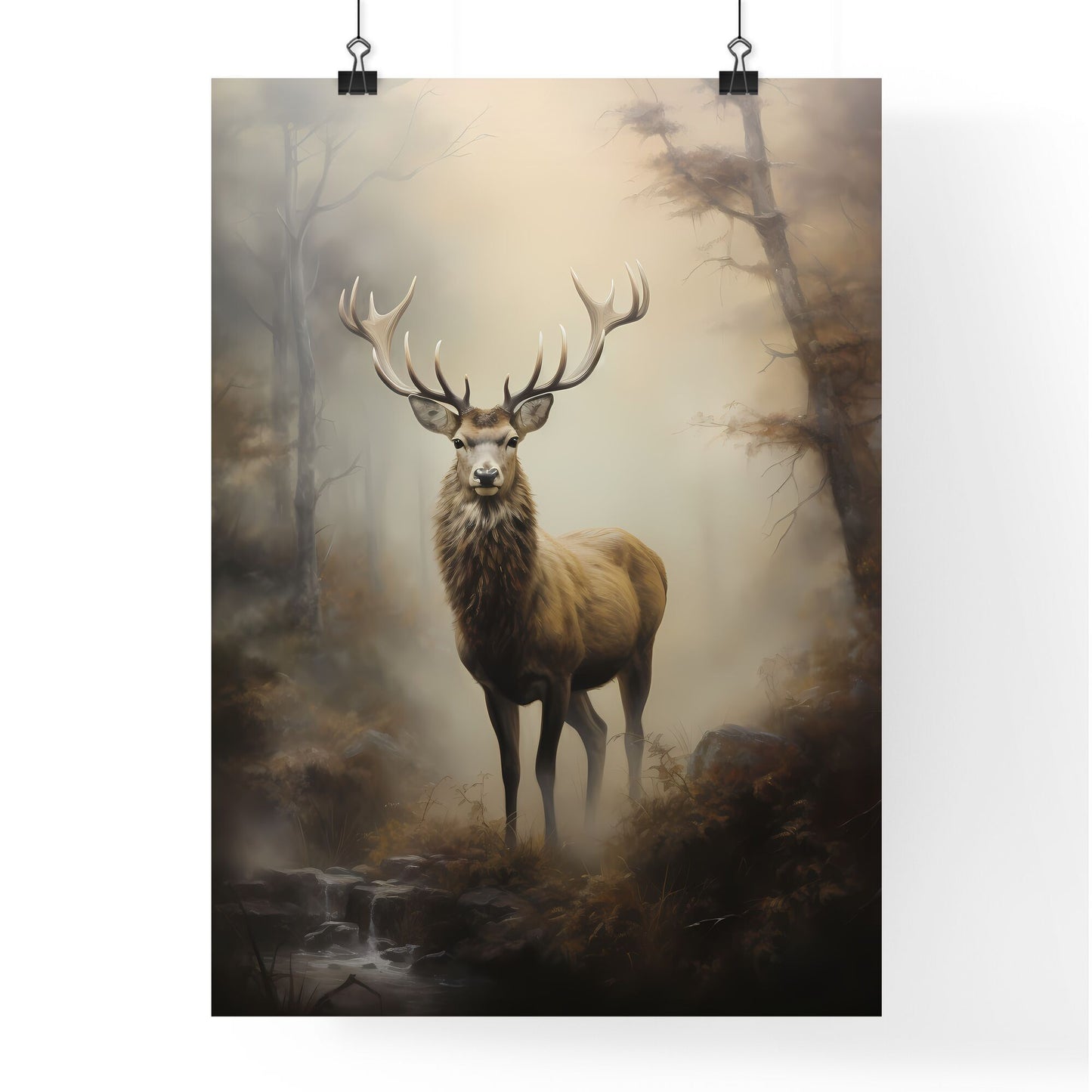 A Poster of an elk is standing on a fog - A Deer With Antlers Standing In A Forest Default Title