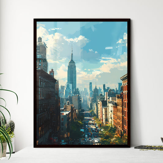 A Poster of New York City Skyline - A City Street With Tall Buildings And A Tall Building In The Distance Default Title