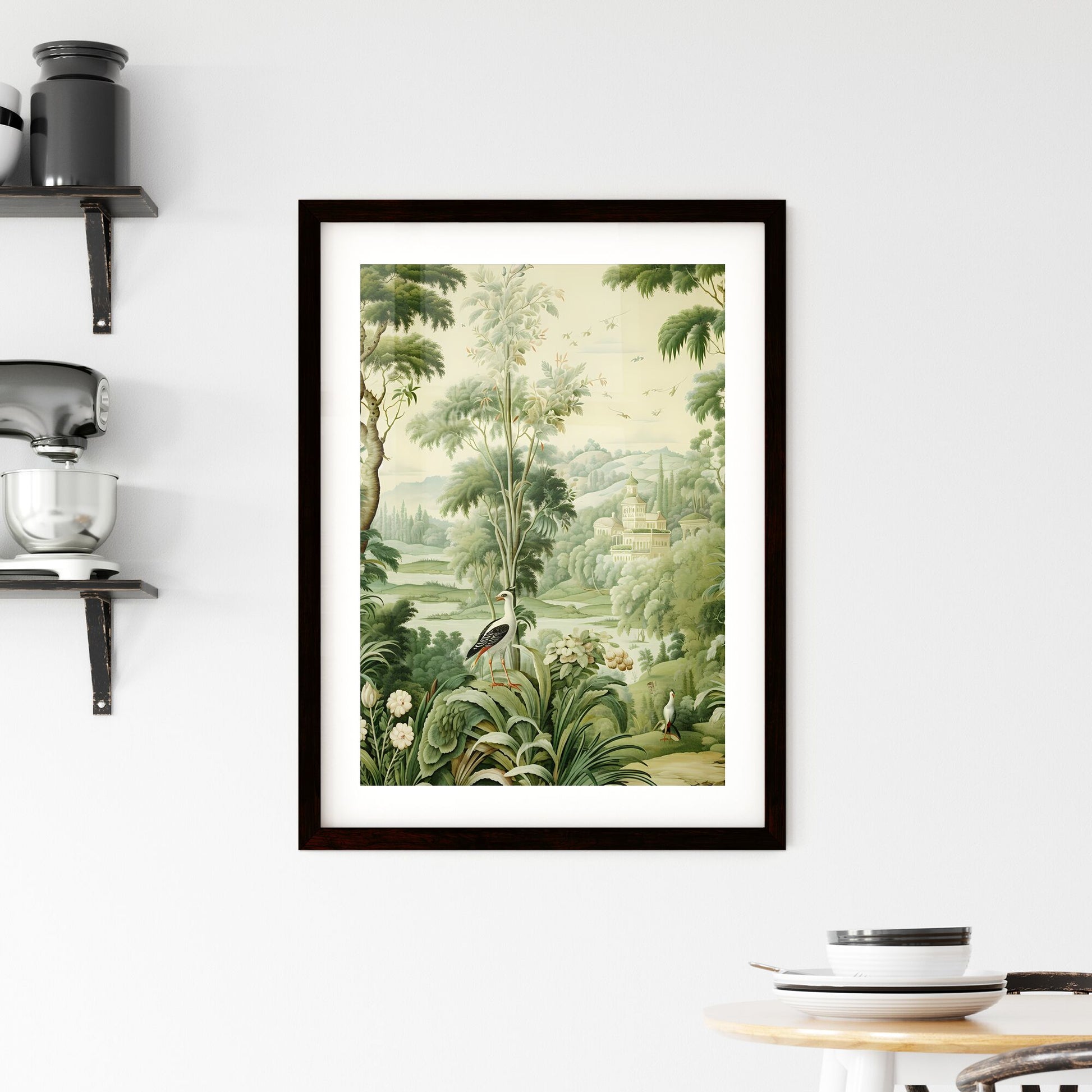 A Poster of green tapestry - A Painting Of A Landscape With Trees And Birds Default Title