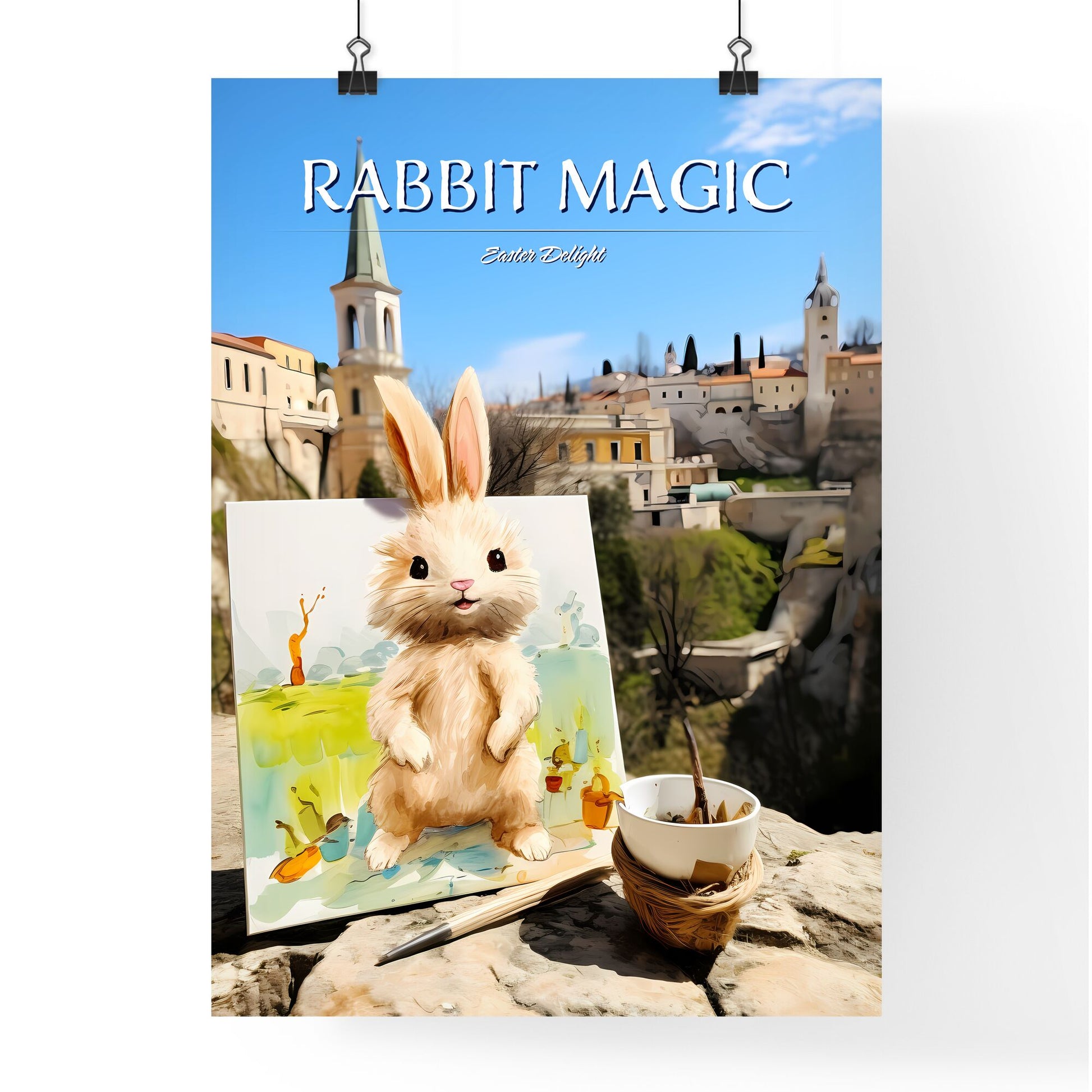 A Poster of stylish easter rabbit with copy space - A Painting Of A Rabbit On A Rock Default Title