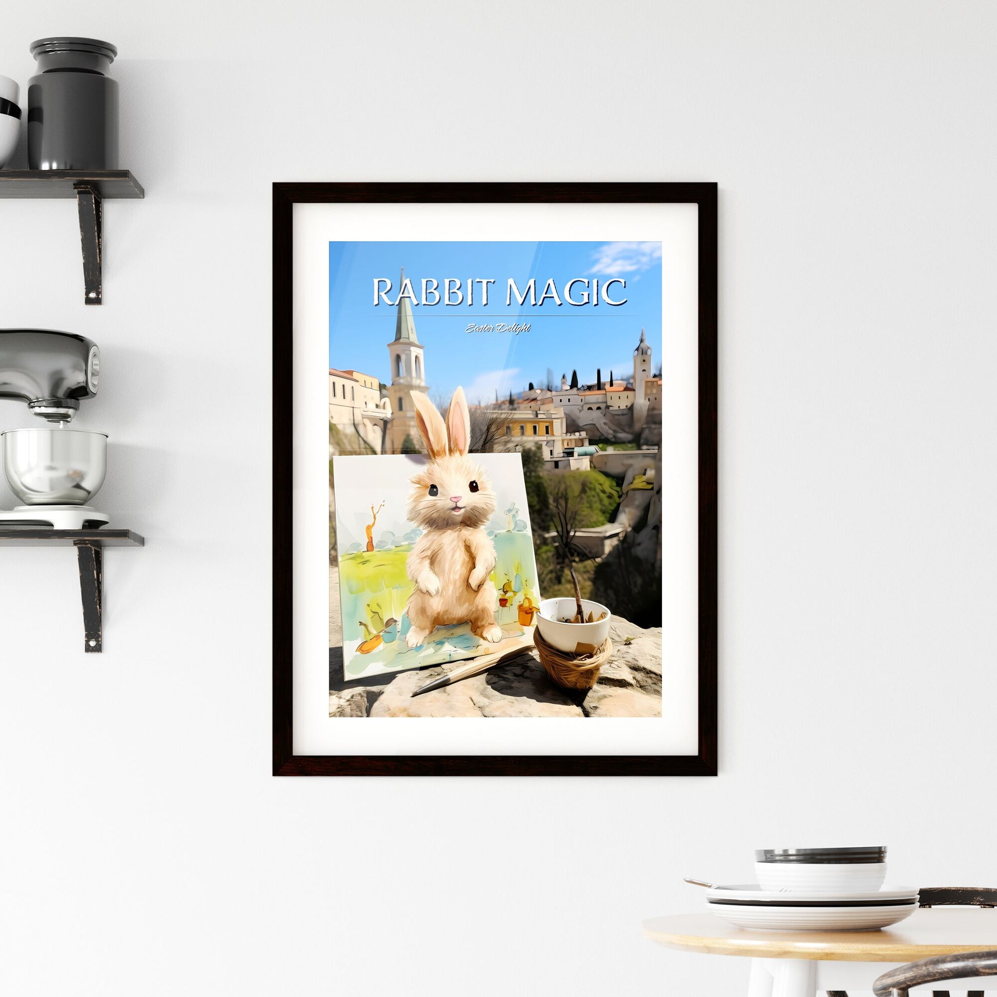 A Poster of stylish easter rabbit with copy space - A Painting Of A Rabbit On A Rock Default Title