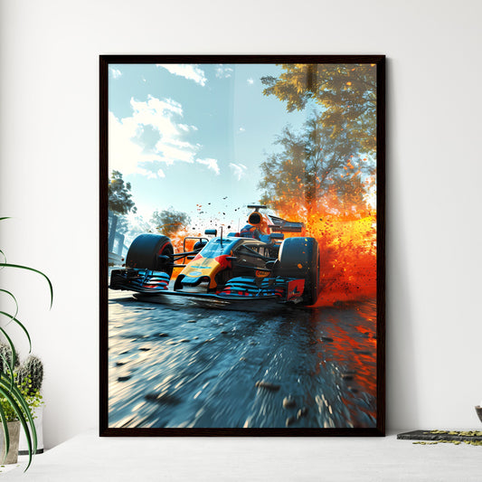 A Poster of Formula One style race car - A Race Car On A Road With Flames Coming Out Of It Default Title