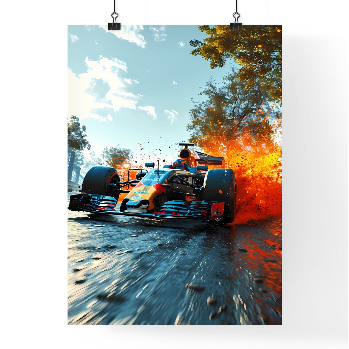 A Poster of Formula One style race car - A Race Car On A Road With Flames Coming Out Of It Default Title