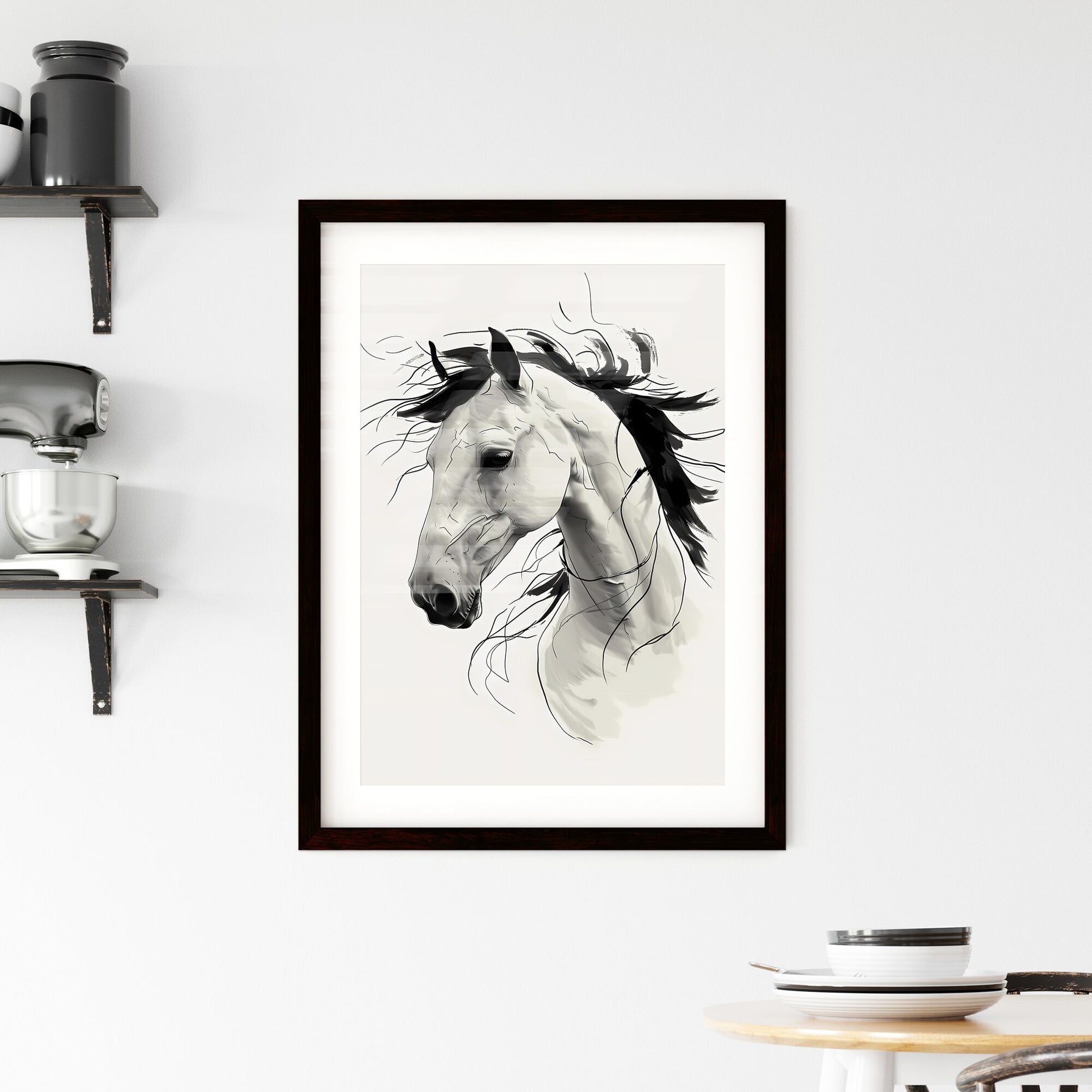 A Poster of a line art drawing of a Eagle face - A White Horse With Black Mane Default Title