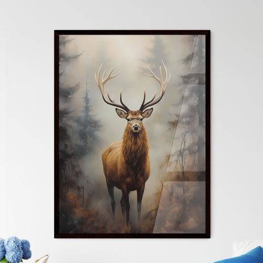 A Poster of an elk is standing on a fog - A Deer With Large Antlers In A Forest Default Title