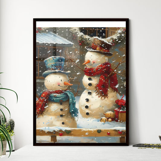 A Poster of a picture of an art print showing a pair of snowmen - A Snowman In A Snowy Scene Default Title