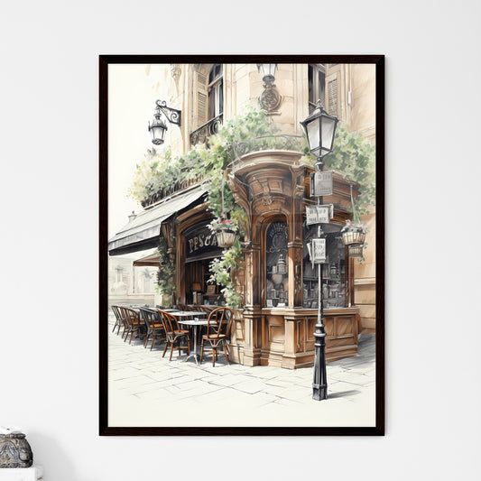 A Poster of the exterior of a paris restaurant - A Drawing Of A Building With Tables And Chairs Default Title