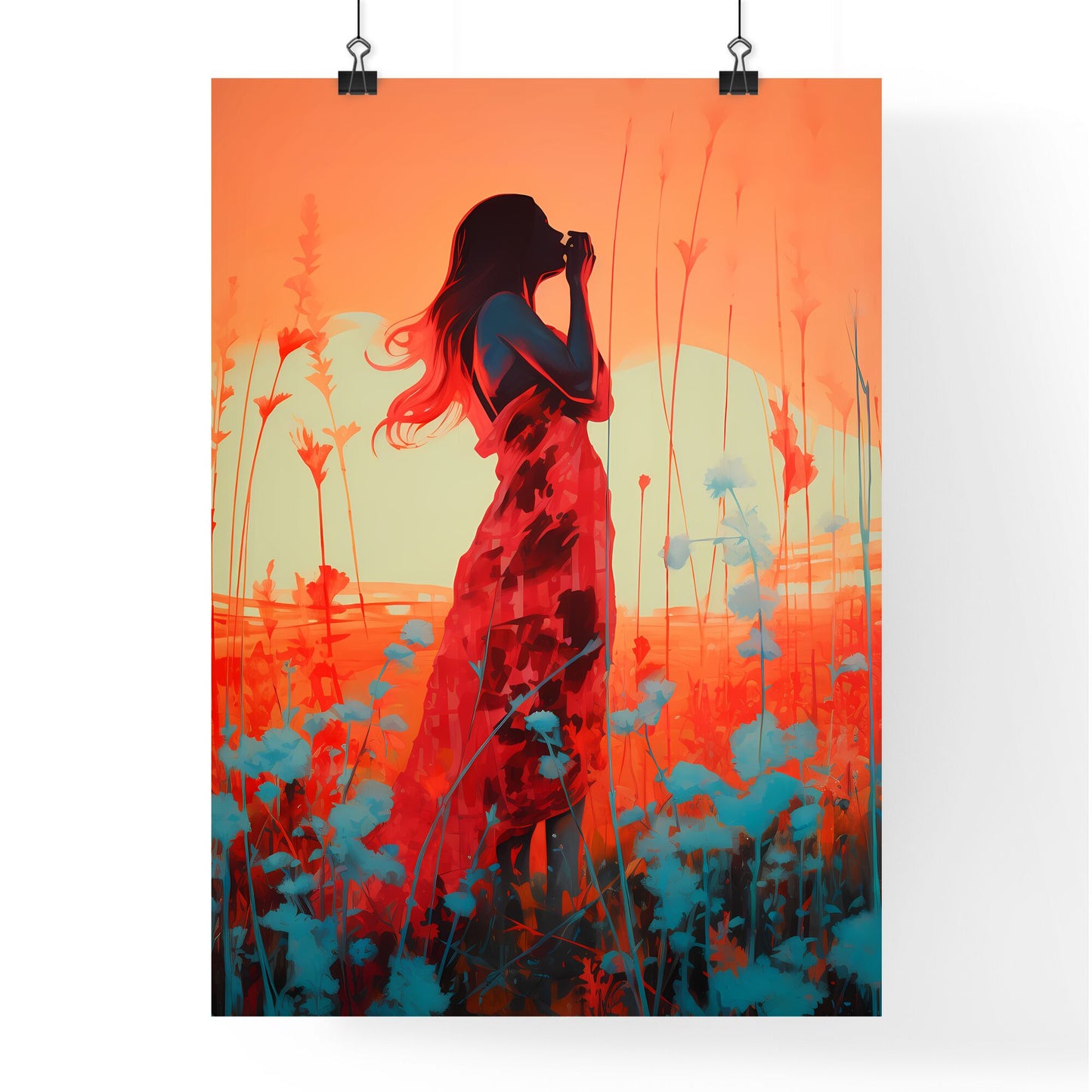 A Poster of inverted infrared - A Woman In A Dress In A Field Of Flowers Default Title