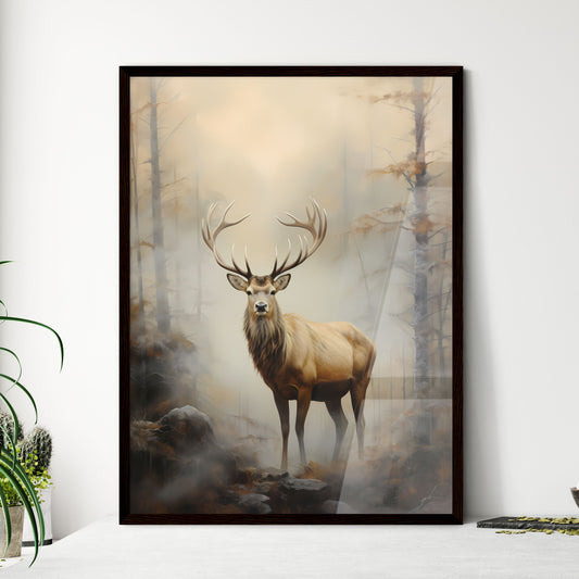 A Poster of an elk is standing on a fog - A Deer With Large Antlers Standing In A Forest Default Title