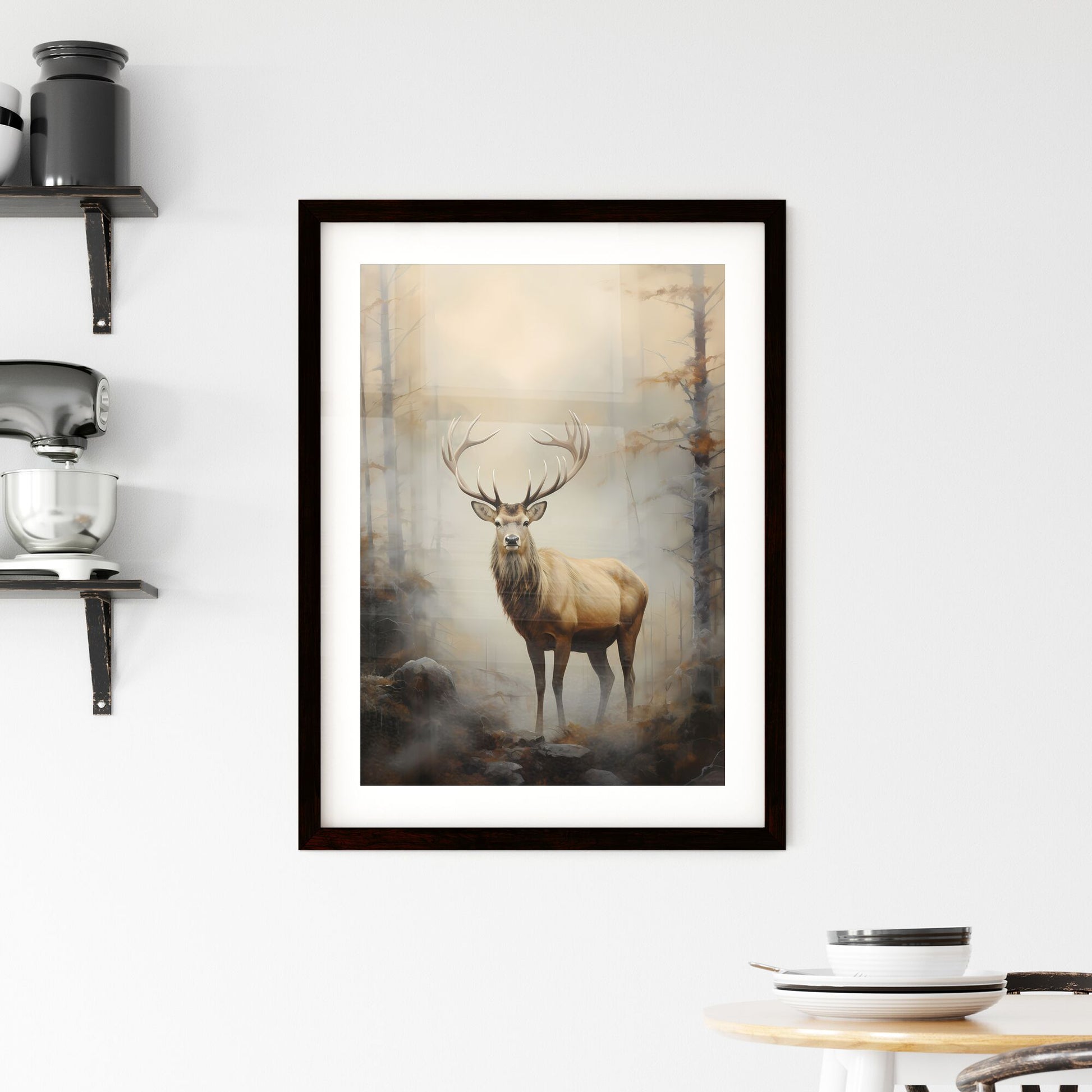 A Poster of an elk is standing on a fog - A Deer With Large Antlers Standing In A Forest Default Title