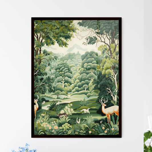 A Poster of green tapestry - A Painting Of A Forest With Deer And Deer Default Title