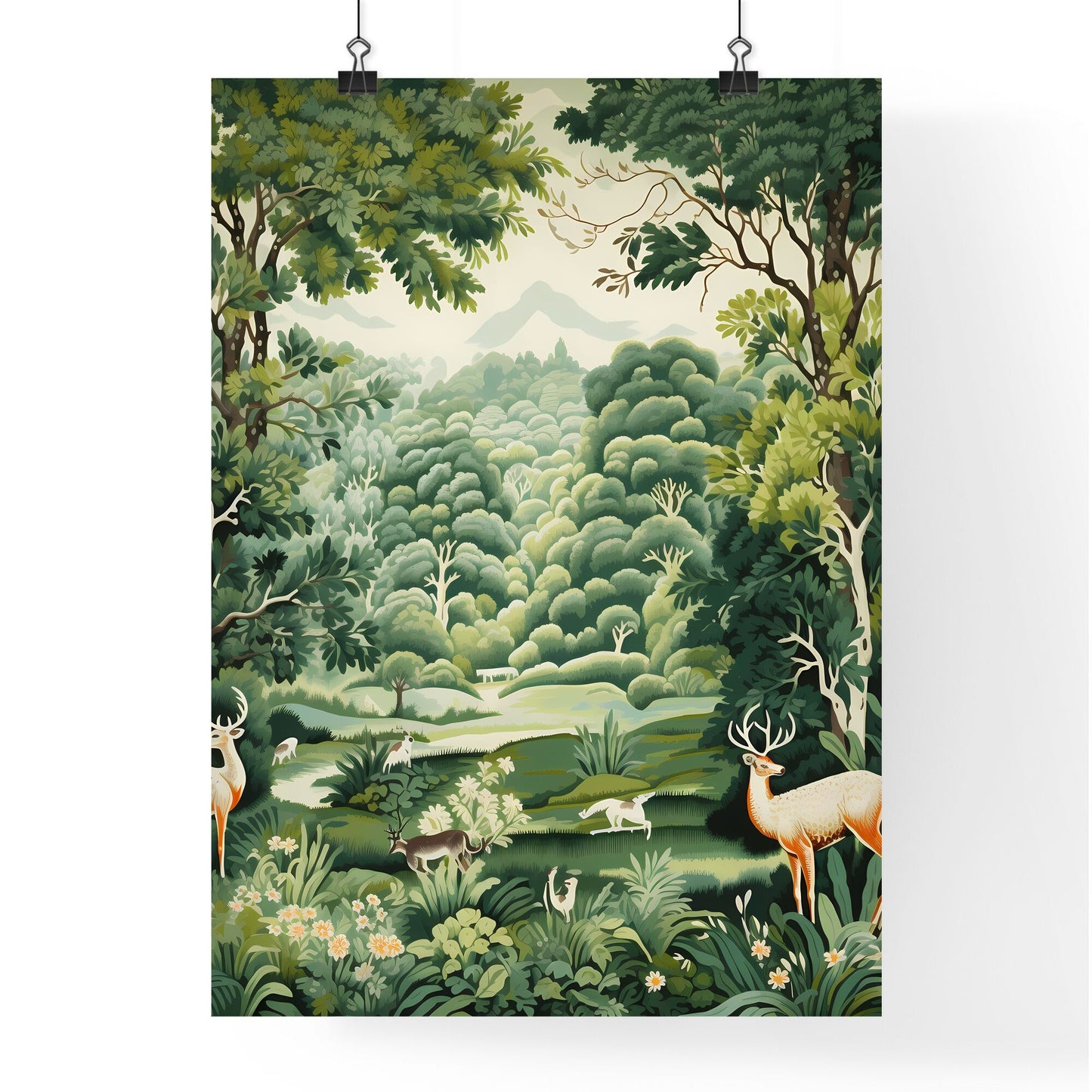 A Poster of green tapestry - A Painting Of A Forest With Deer And Deer Default Title