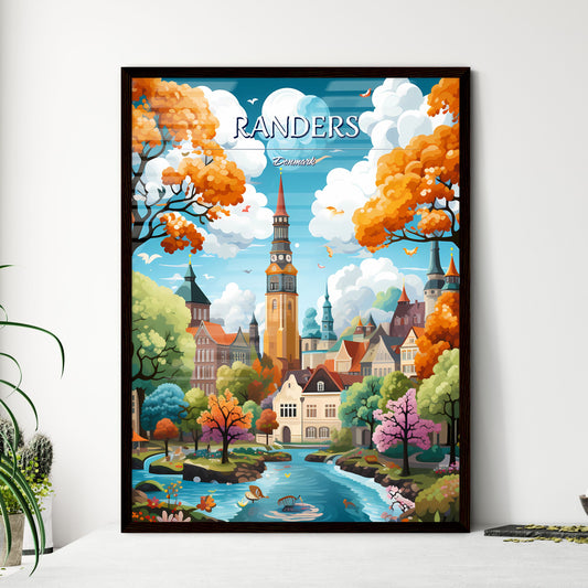 Randers, Denmark - Art print of a colorful landscape with a river and trees and a clock tower Default Title