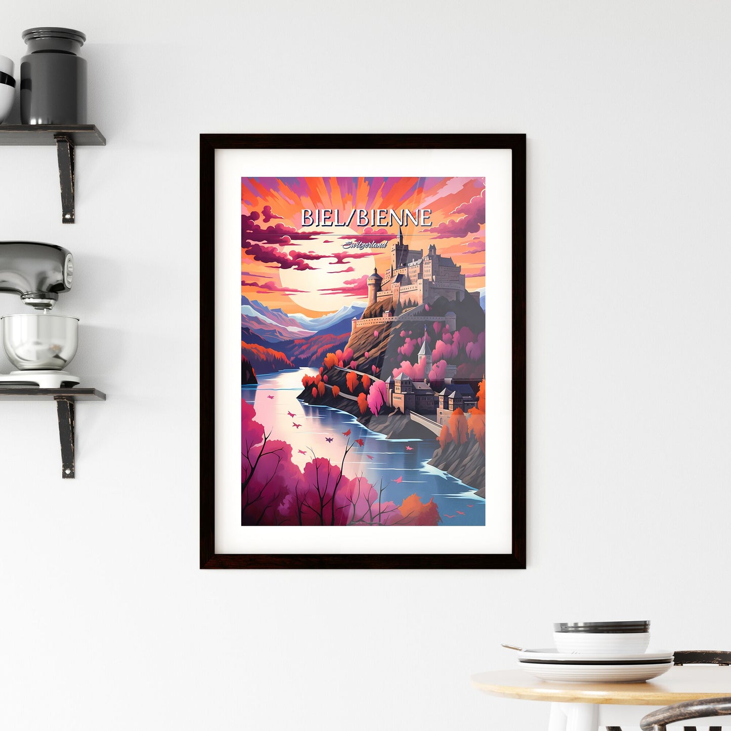 Biel/Bienne, Switzerland - Art print of a castle on a hill with a river and trees Default Title