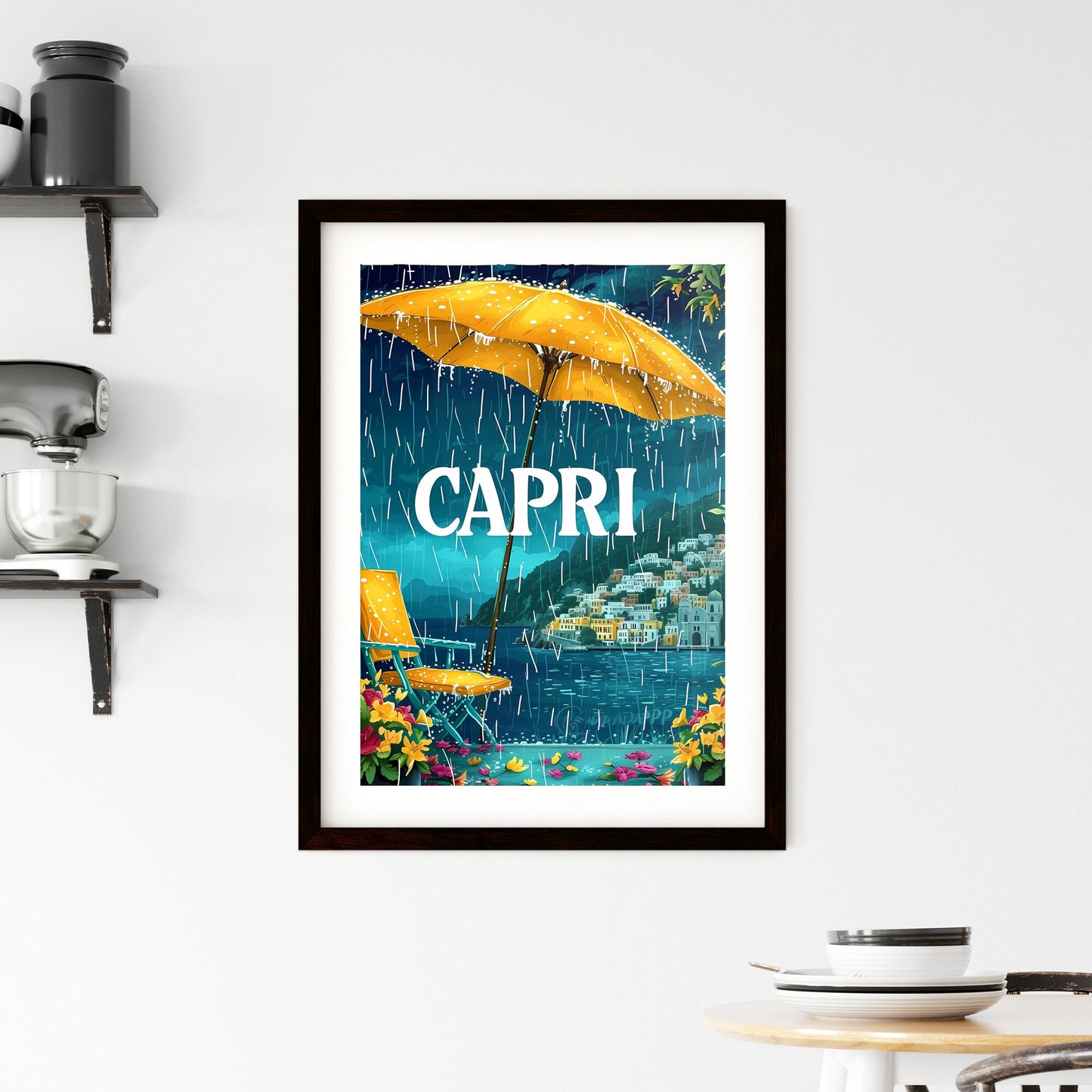 Capri Italy with text CAPRI in bodony font - Art print of a yellow umbrella and chair in the rain Default Title
