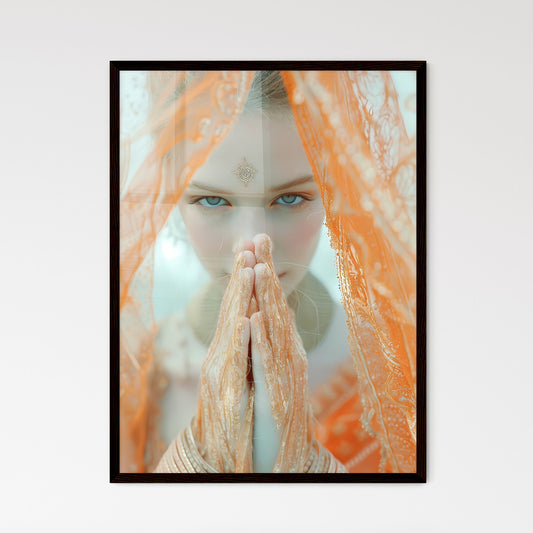 Mary Mother of God Poster, halo above her head, hands in praying sign - Art print of a woman with a veil covering her face with hands Default Title