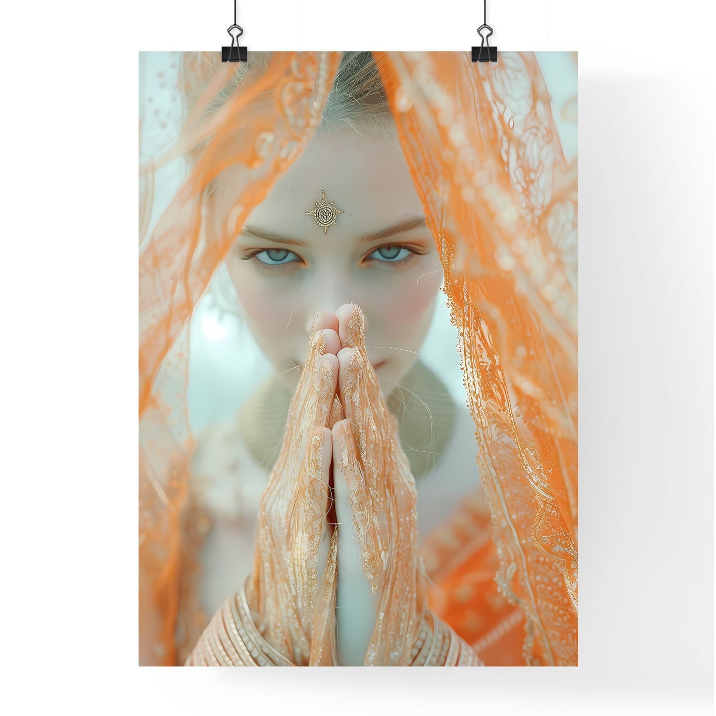 Mary Mother of God Poster, halo above her head, hands in praying sign - Art print of a woman with a veil covering her face with hands Default Title